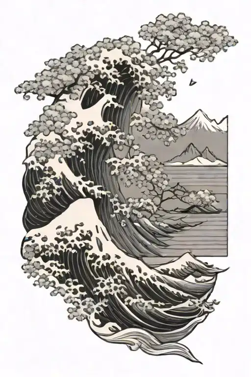 Hokusai Wave And Mountain Peak And Sakura Blossom Flowers