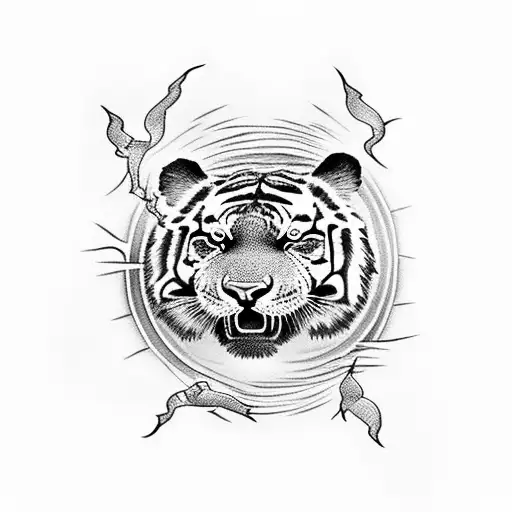 Create A Dotwork Tattoo Depicting A Tiger Leaping Through A Lightning Storm