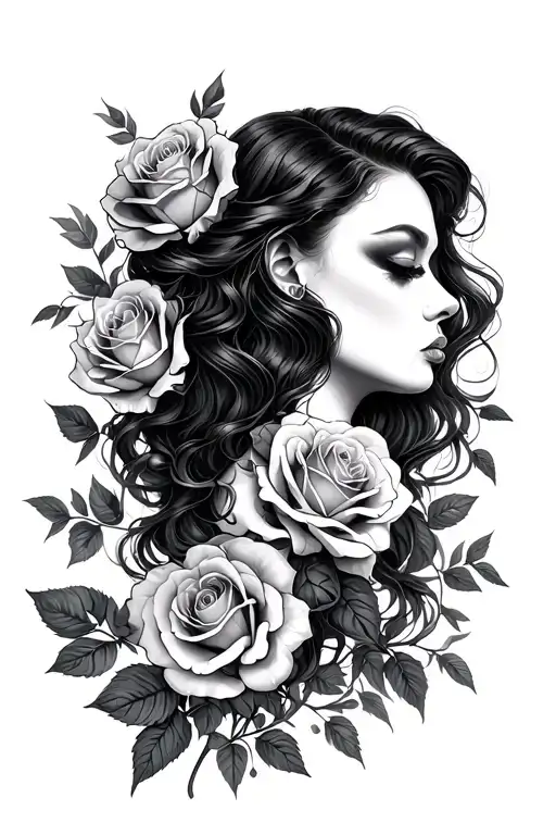 Black Lady With Hair And Roses Growing