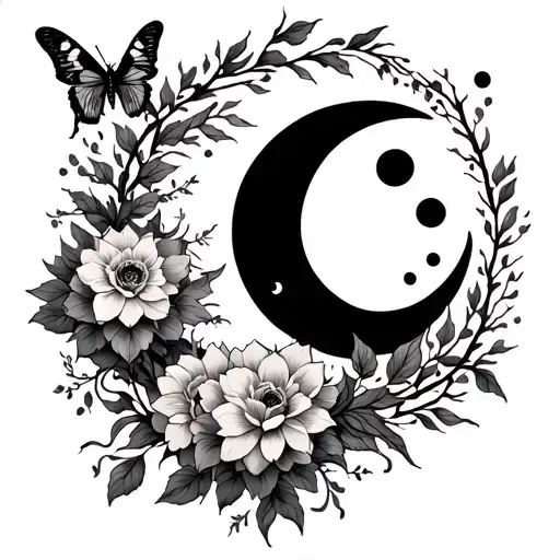 Spine Tattoo With Moon Phases And Vines Running Fown The Back With Moths And Dahlia Flowers