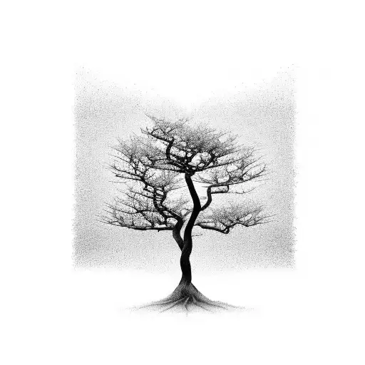 A Serene Black And Grey Tattoo Of A Solitary Tree Bending Gracefully In The Wind