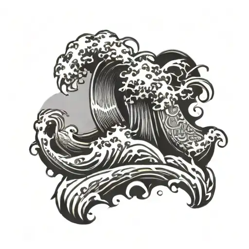 Japanese Waves Sleeve Tattoo Black Grey And White Highlights