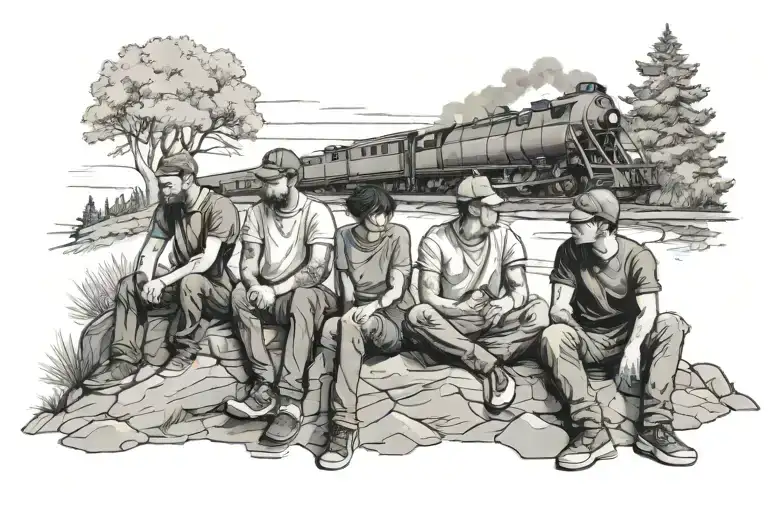 3 Friends Sitting On A Hill With Trees Looking At A Train