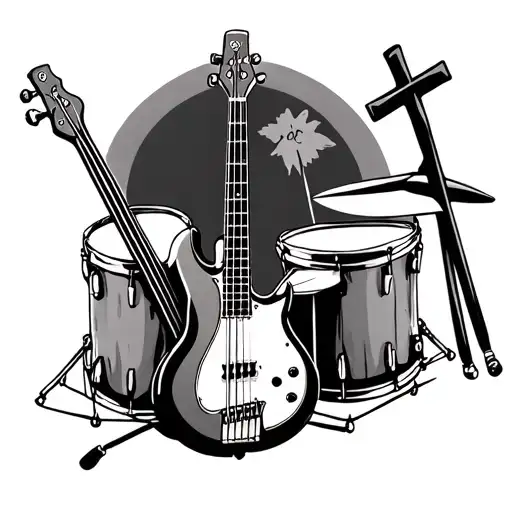 4 String Bass Guitar And Drum Stick And A Cross
