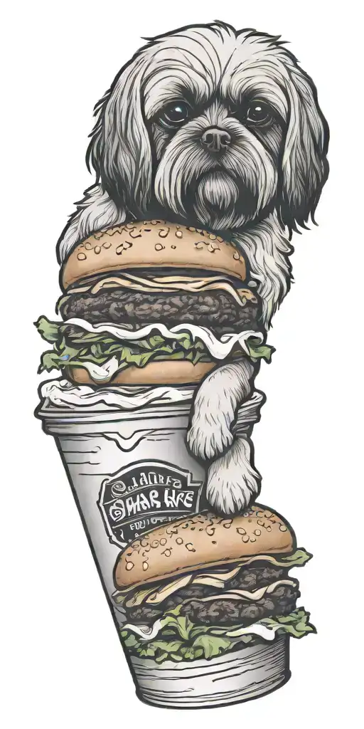 A Black-grey Tattoo Of A Stack Of Shake Shack Burgers With A Shih Tzu Sitting On Top