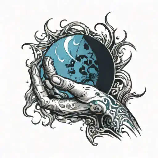 Hand With Blue And Black Dark Moon Intertwined