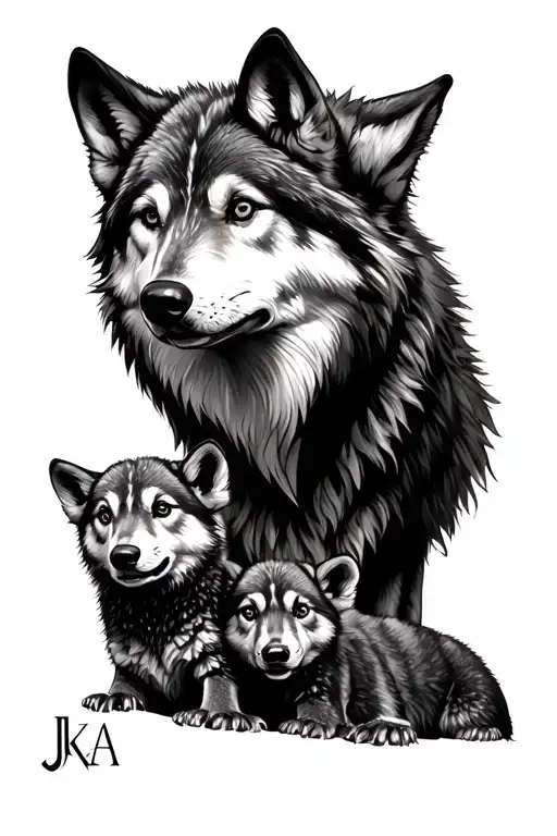 Wolf Face With Cubs With Intials Jka