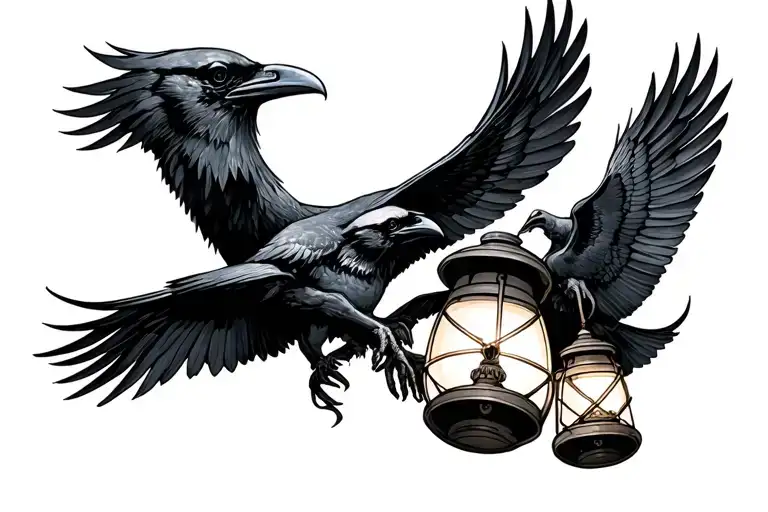 Skull Holding Latern With Ravens