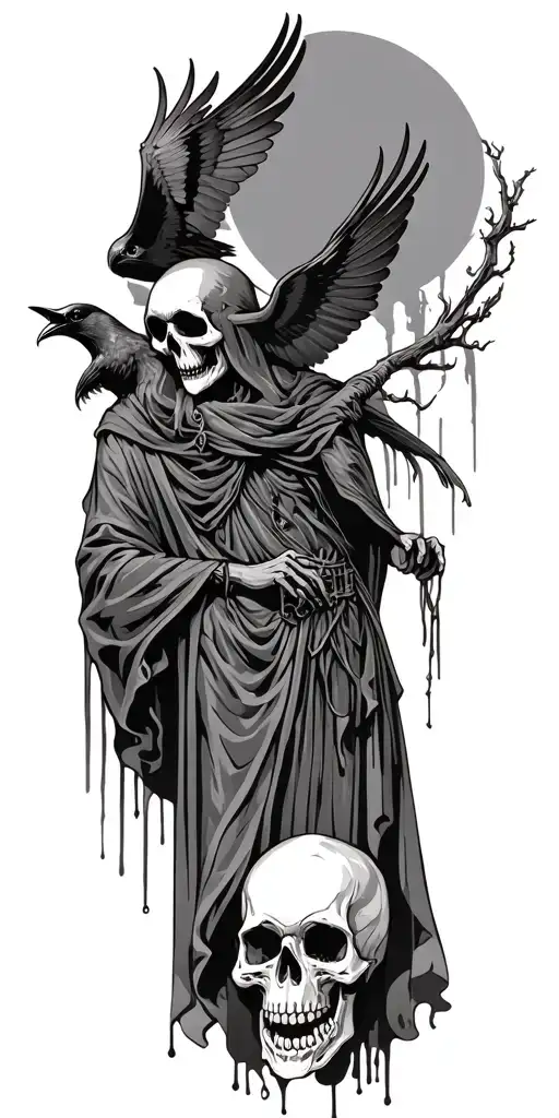 Grim Reaper With Crow Flying And Skull