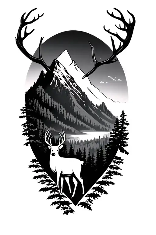 Nature Tattoo Which Has A Mountain With A Deer