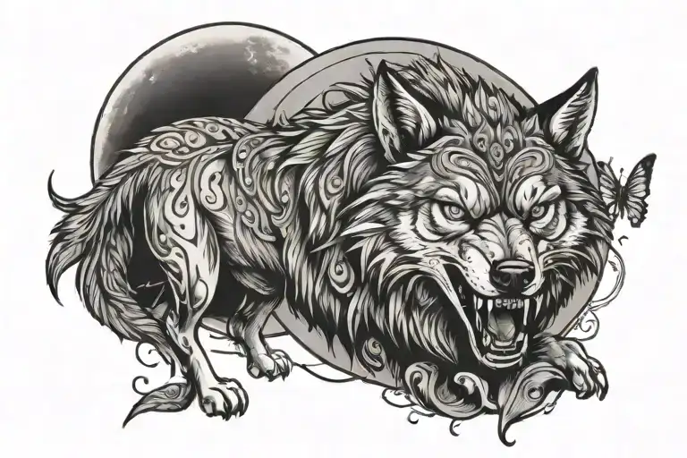 A Angry Wolf With A Butterfly Blood Moon Vikings