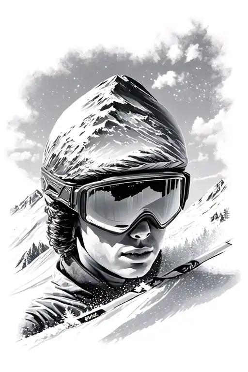 Ski Goggles Reflecting A Mountain And Skier Gracefully Carving
