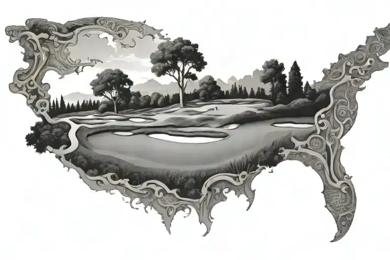 An Intricate Black-grey Design Of A Golf Course With Hidden One Piece References