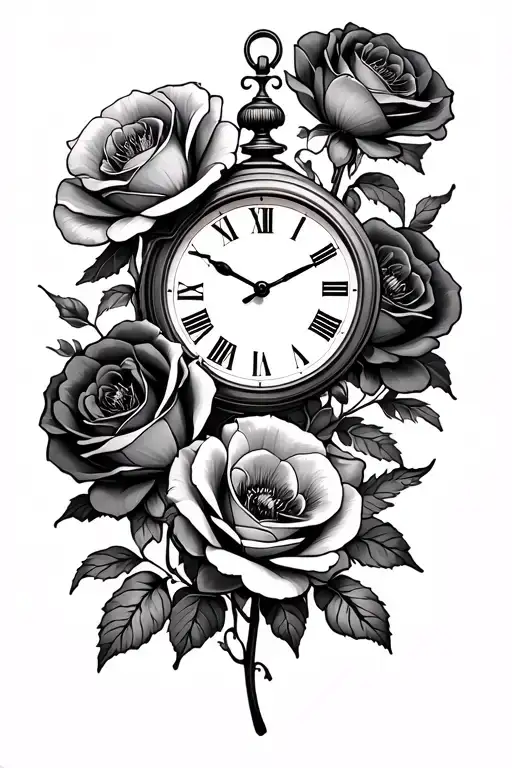 Roses And Poppys With A Clock And Under The Clock A Date