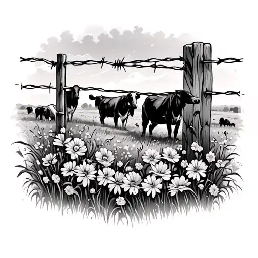 A Foreground Of A Barbed Wire Fence With Flowers And A Background Of A Pasture With Cows
