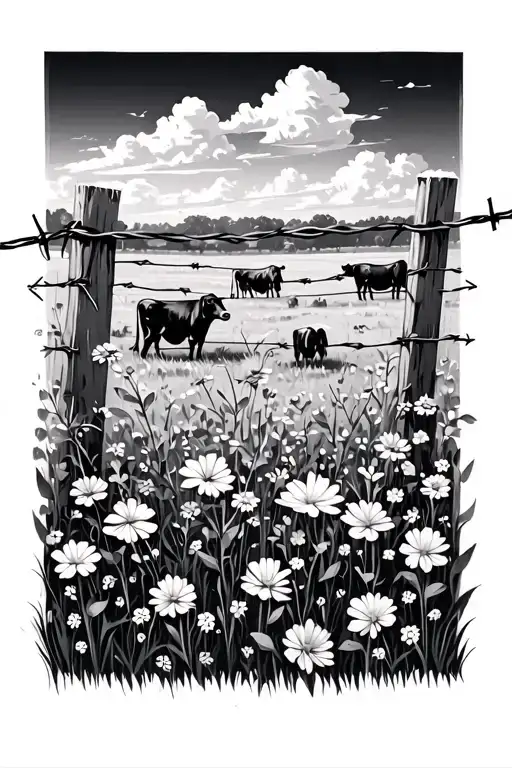 A Foreground Of A Barbed Wire Fence With Flowers And A Background Of A Pasture With Cows