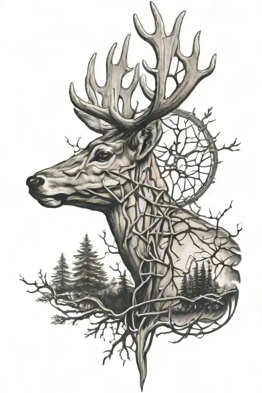 Deer With Trees And Barbed Wire Wrapped