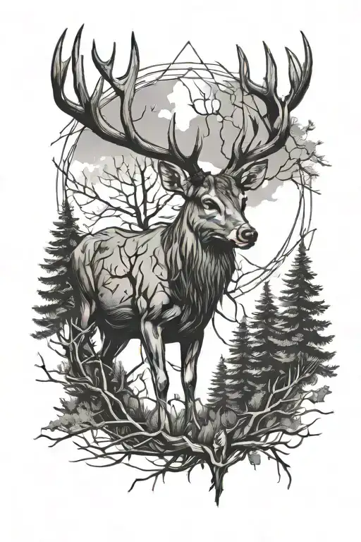 Deer With Trees And Barbed Wire Wrapped