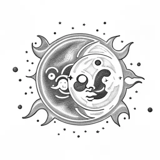Sun And Moon With Stars And Clouds Connecting The Both