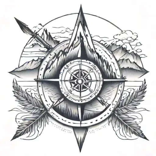 Arrow With Compass In The Middle And Moutains In The Background