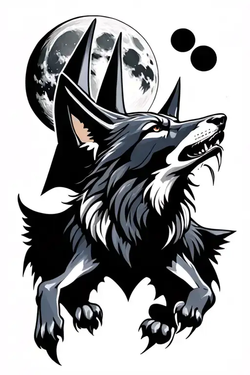 Anubis Wolf Howling At Full Moon