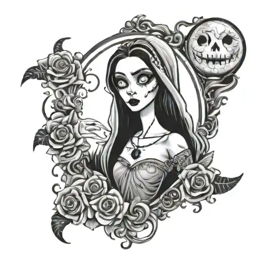 Corpse Bride In Halloween Frame With Half Moon Phases