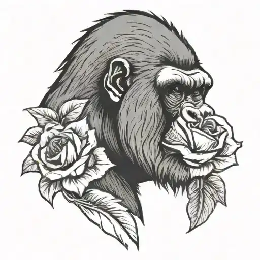 Silverback Gorilla Face With English Rose In His Ear