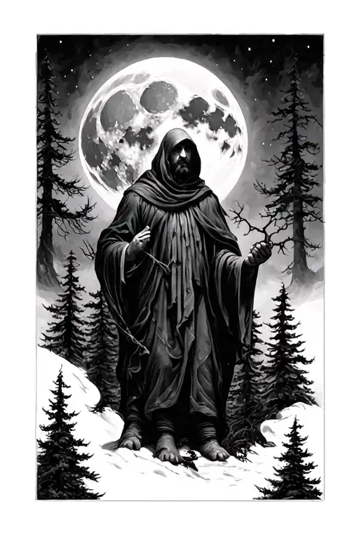 Cloaked Man With Moon Surrounded By Trees