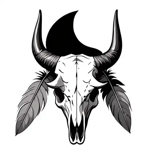 A Bull Skull With Two Feathers Hanging Off One Of The Horns