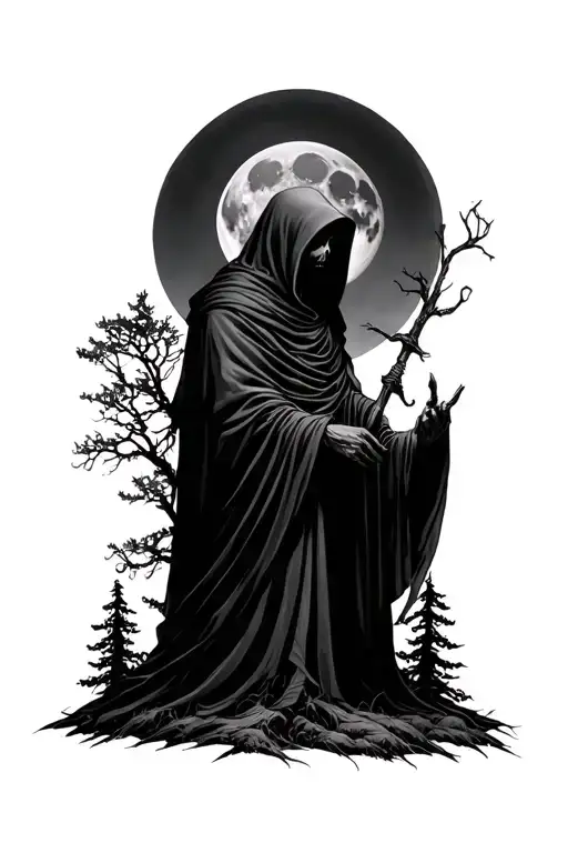 Cloaked Reaper With Moon Surrounded By Trees