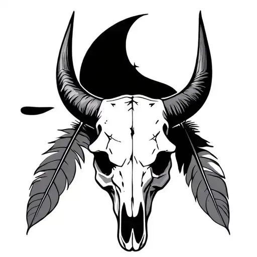 A Bull Skull With Two Feathers Hanging Off One Side