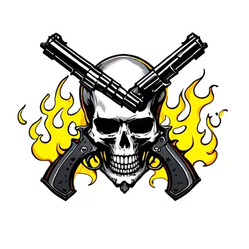 Skull With Guns Yellow Flames