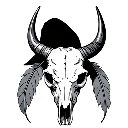 A Bull Skull With Feathers Hanging Off One Horn