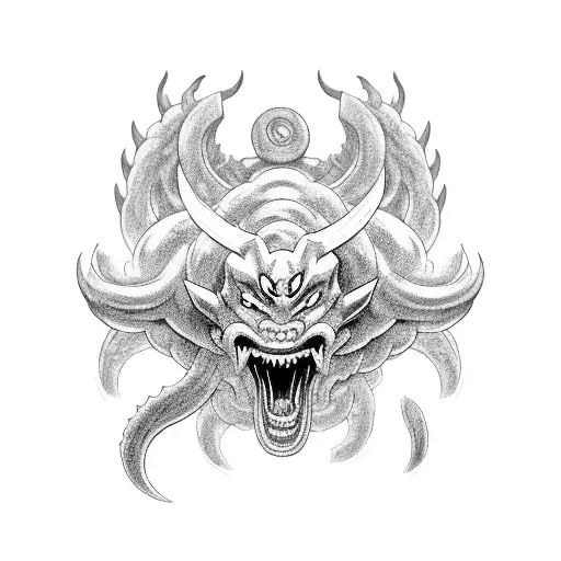 A Black And Grey Portrait Of Shenlong Surrounded By Anime Symbols