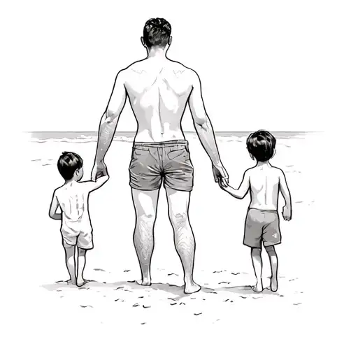 A Father And His Children At The Beach