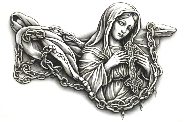 The Virgin Mary Next To A Rosary With A Cross