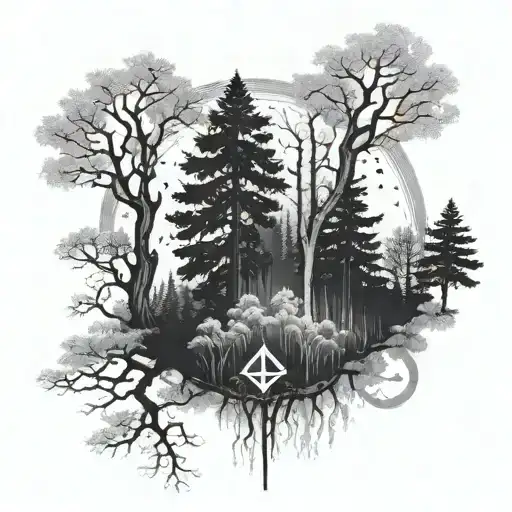 A Dotwork Tattoo Of A Mystical Forest Scene With A Hidden Air Force Symbol Among The Trees