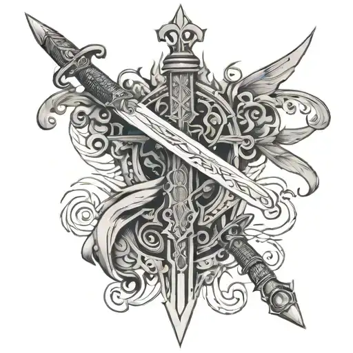 Sword With Balance Scales On The Sides With Cyber Sigilism Patterns And An Open Book