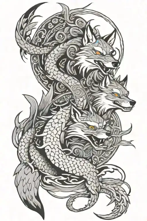 Mystical Legendary Fox And A Japanese Dragon Surrounding A Samurai