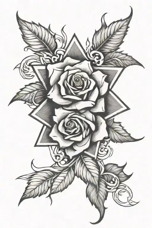 Rose And Six Point Star Symbol Intertwined
