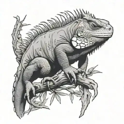 Iguana On A Vertical Tree Branch