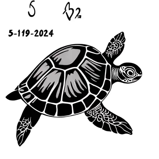 Tribal Hawaiian Turtle Tattoo With 5-19-2024 Written In Shell