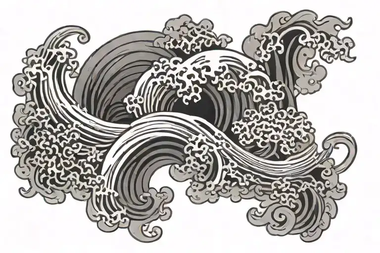 Japanese Wave Spiral Farbic Tattoo Background Black Full Screen