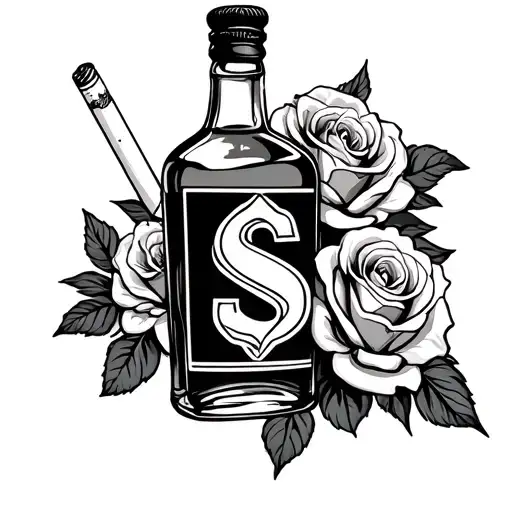 Cigarette And Whiskey Bottle Tattoo With Roses With The Initial S Incorporated