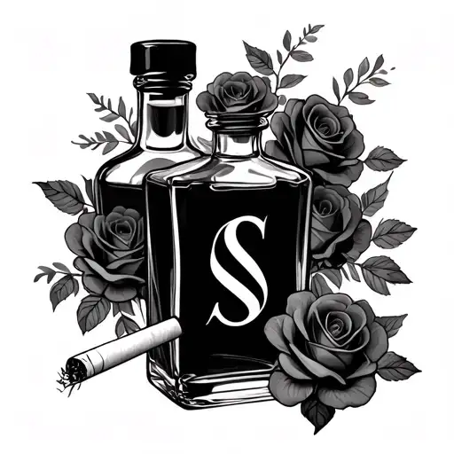 Cigarette And Small Whiskey Bottle With The Initial S In The Center Of Bottle With Roses