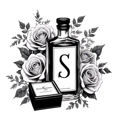Cigarette Box And Small Whiskey Bottle With The Initial S In The Center Of Bottle With Roses