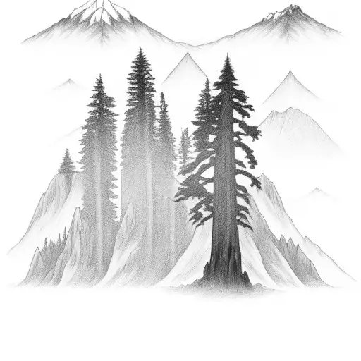 Redwood Tree With Mountains
