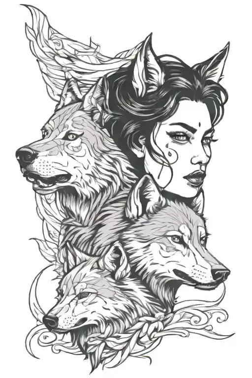 Wolf Head And Woman Posing