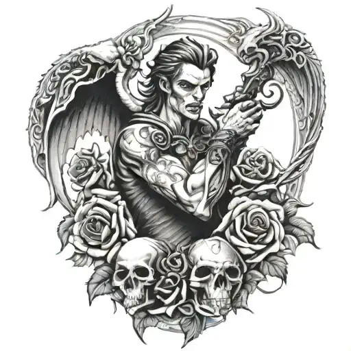 Arch Angle Michael Killing Lucifer And Skulls And Roses In Background Arm Sleeve