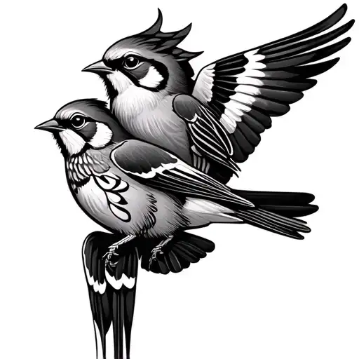 Two Sparrows Flying To Each Other With A Henna Design On Either The Wings Or Under The Face